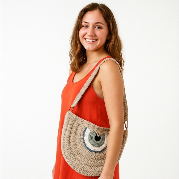 Handcrafted Woven Evil-Eye Cotton Shoulder Bag NWOT - Picture 1 of 6